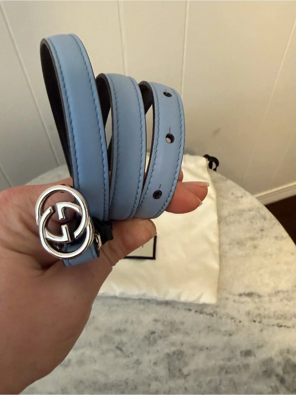 Authentic Gucci Skinny Light Blue Leather Belt with Silver Double-G Buckle